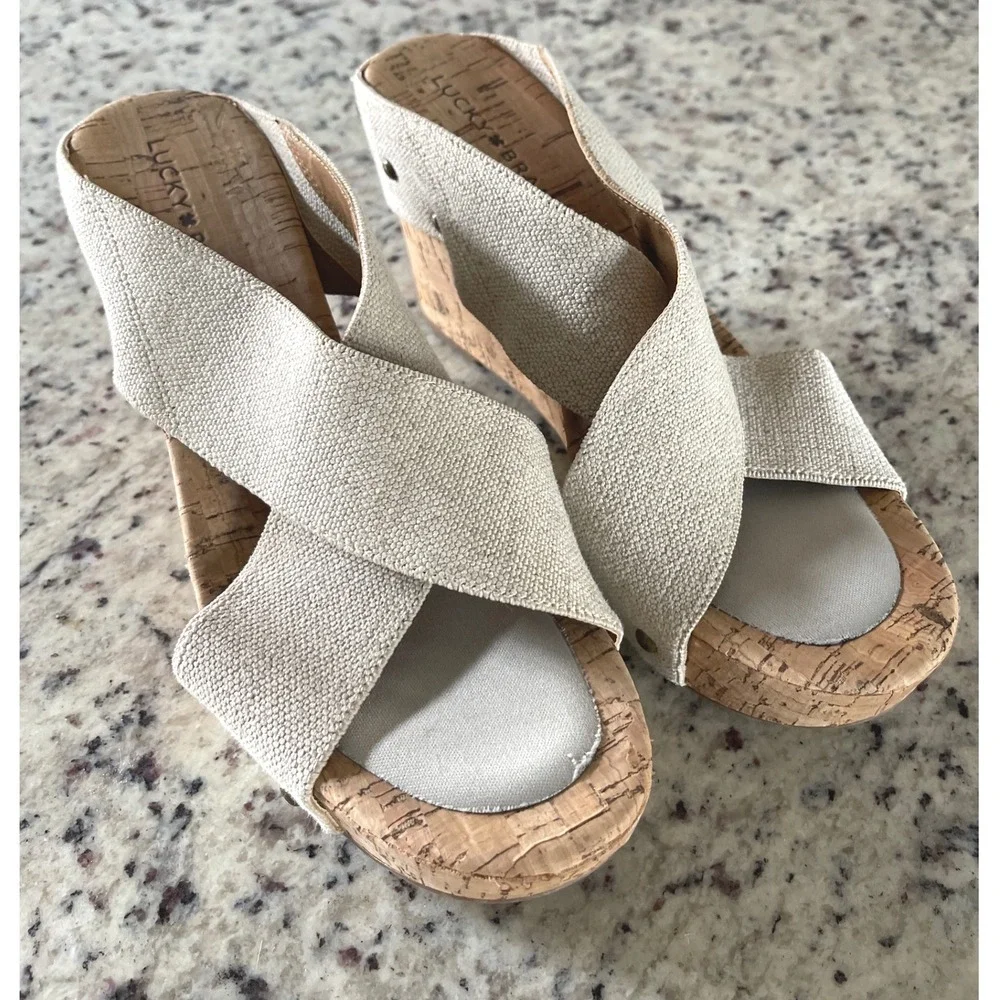 Lucky Brand Mykayla Wedge Sandals Beige Cork Platform Criss Cross Straps 9M‎